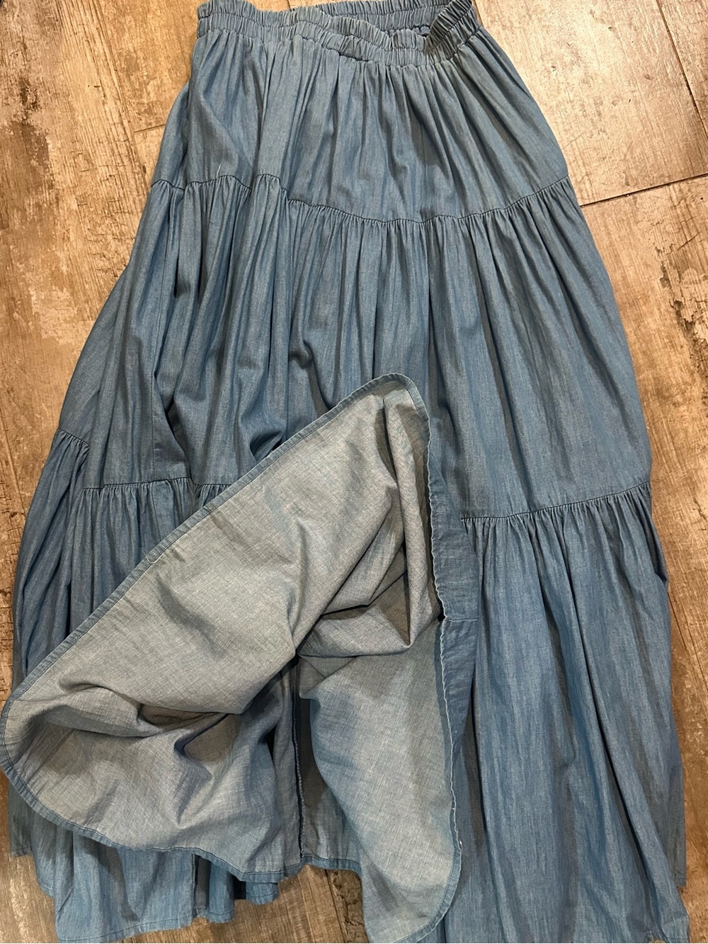 Orvis Blue Chambray Tiered Maxi Skirt Made in USA Boho Prairie